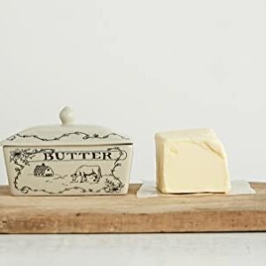 Creative Co-Op Country Stoneware Butter Dish with Lid, "Spread the Love" Message, and Farm Line Drawing, White and Black