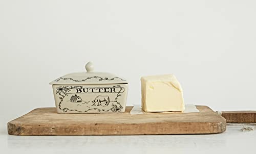 Creative Co-Op Country Stoneware Butter Dish with Lid, "Spread the Love" Message, and Farm Line Drawing, White and Black