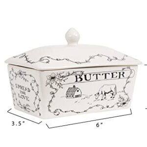 Creative Co-Op Country Stoneware Butter Dish with Lid, "Spread the Love" Message, and Farm Line Drawing, White and Black