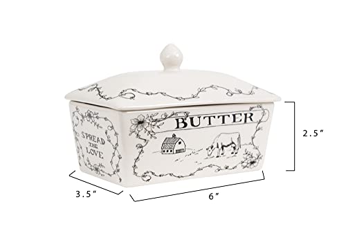 Creative Co-Op Country Stoneware Butter Dish with Lid, "Spread the Love" Message, and Farm Line Drawing, White and Black