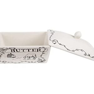 Creative Co-Op Country Stoneware Butter Dish with Lid, "Spread the Love" Message, and Farm Line Drawing, White and Black