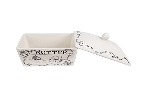 Creative Co-Op Country Stoneware Butter Dish with Lid, "Spread the Love" Message, and Farm Line Drawing, White and Black