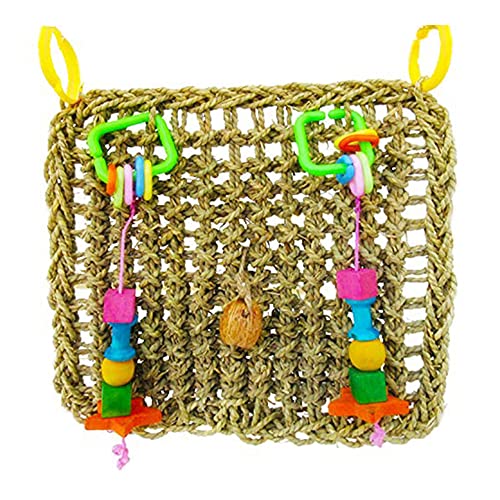 SunGrow Bird, Small Animals & Rabbit Foraging Wall Chew Toy with Hanging Hook, Seagrass Woven Mat with Colorful Wooden Blocks, Grind Teeth