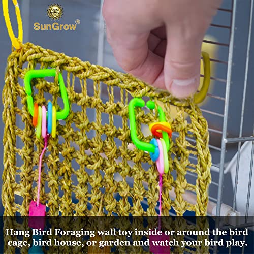 SunGrow Bird, Small Animals & Rabbit Foraging Wall Chew Toy with Hanging Hook, Seagrass Woven Mat with Colorful Wooden Blocks, Grind Teeth