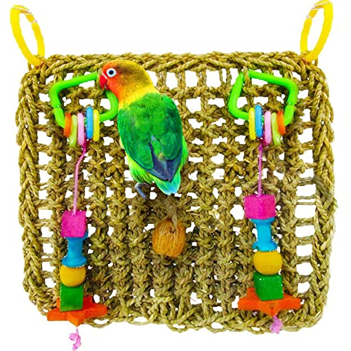 SunGrow Bird, Small Animals & Rabbit Foraging Wall Chew Toy with Hanging Hook, Seagrass Woven Mat with Colorful Wooden Blocks, Grind Teeth