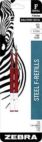 Zebra Pen F-Series Stainless Steel Ballpoint Pen Refill, Fine Point, 0.7mm, Red Ink, 2-Pack