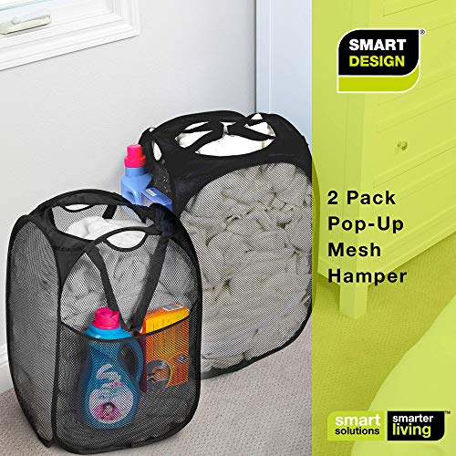 Smart Design Pop Up Laundry Hamper with Easy Carry Handles and Side Pocket - Set of 2 - Durable Fabric Collapsible Design - Clothes & Laundry - Home Organization - Holds 2 Loads - 14 x 23 Inch - Black