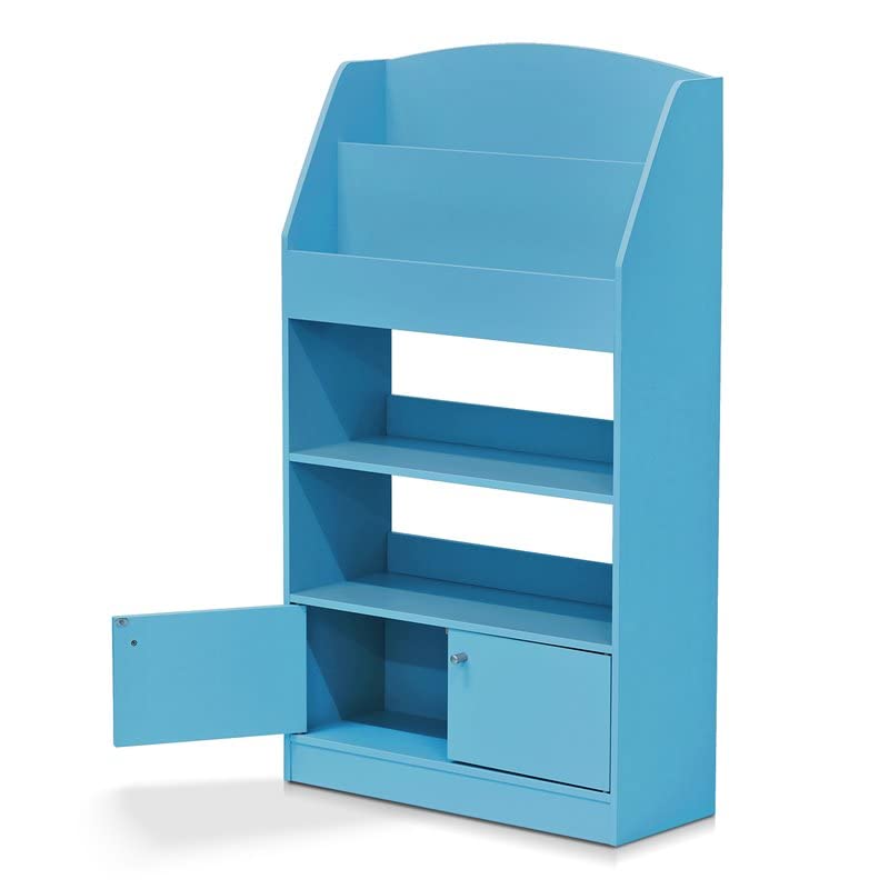 FURINNO KidKanac Magazine/Bookshelf with Toy Storage Cabinet, Light Blue 9.45D x 24.57W x 43.31H in