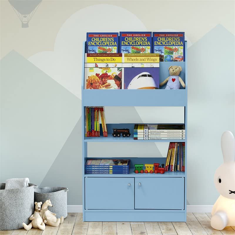 FURINNO KidKanac Magazine/Bookshelf with Toy Storage Cabinet, Light Blue 9.45D x 24.57W x 43.31H in