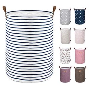 dokehom 17.7-inches freestanding laundry basket with lid, collapsible large drawstring clothes hamper storage with leather handle (blue stripe, m)