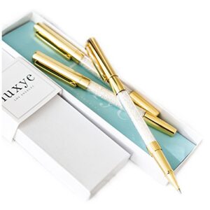 luxye gold pen with gold cap - 3 fine ballpoint gold crystal pens in glossy white gift box | gold office decor supplies (gold - black ink)