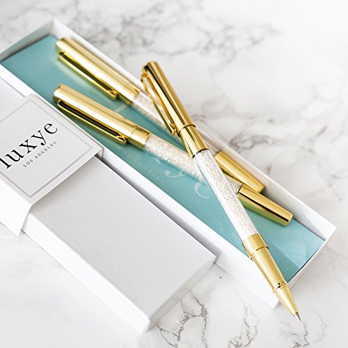 luxye Gold Pen with Gold Cap - 3 Fine Ballpoint Gold Crystal Pens in Glossy White Gift Box | Gold Office Decor Supplies (Gold - Black Ink)