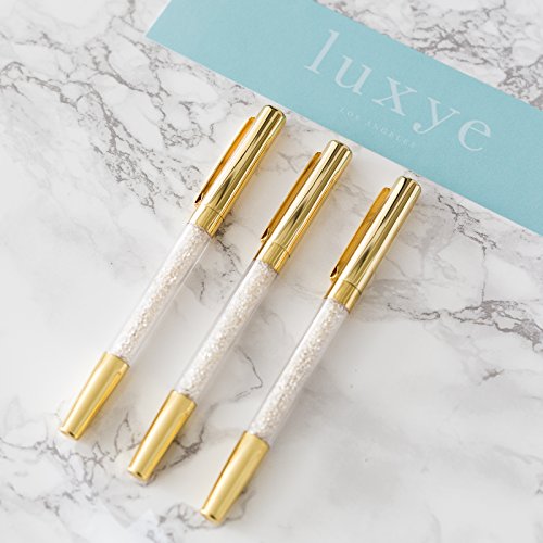 luxye Gold Pen with Gold Cap - 3 Fine Ballpoint Gold Crystal Pens in Glossy White Gift Box | Gold Office Decor Supplies (Gold - Black Ink)