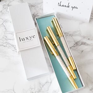 luxye Gold Pen with Gold Cap - 3 Fine Ballpoint Gold Crystal Pens in Glossy White Gift Box | Gold Office Decor Supplies (Gold - Black Ink)