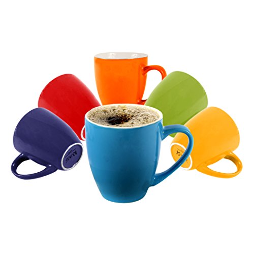 Klikel 6 Colored Coffee Mugs Set - 16oz Flat Bottom Stoneware - Bright Multi Colored