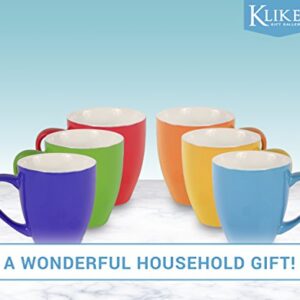 Klikel 6 Colored Coffee Mugs Set - 16oz Flat Bottom Stoneware - Bright Multi Colored