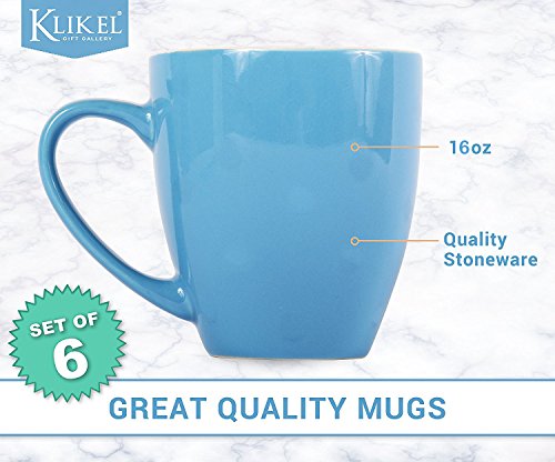 Klikel 6 Colored Coffee Mugs Set - 16oz Flat Bottom Stoneware - Bright Multi Colored