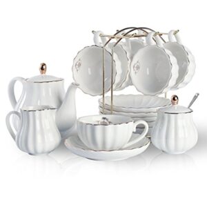 porcelain tea sets british royal series, 8 oz cups& saucer service for 6, with teapot sugar bowl cream pitcher teaspoons and tea strainer for tea/coffee, pukka home (pure white)