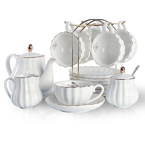 Porcelain Tea Sets British Royal Series, 8 OZ Cups& Saucer Service for 6, with Teapot Sugar Bowl Cream Pitcher Teaspoons and tea strainer for Tea/Coffee, Pukka Home (Pure White)