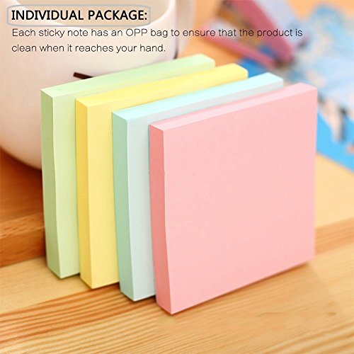 Sticky Notes, Memo Self-Stick 8 Pads/Pack,100 Sheets/Pad, 3 inch X 3 inch, Squares 4 Colors Child Fresh Easy Post