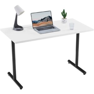 sunon home office 47" computer desk wood writing table with cable managemant, black metal frame, white