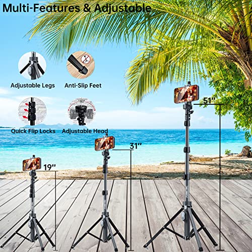 Fugetek 51" Professional Selfie Stick Tripod, 100% All Aluminum Stick & Legs, Lightweight, Detachable Bluetooth Remote, Portable All in One, Compatible with iPhone & Android, Non Skid Feet, Black