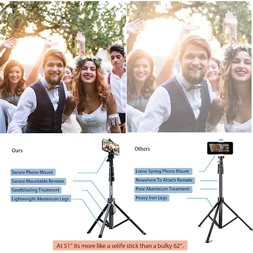 Fugetek 51" Professional Selfie Stick Tripod, 100% All Aluminum Stick & Legs, Lightweight, Detachable Bluetooth Remote, Portable All in One, Compatible with iPhone & Android, Non Skid Feet, Black