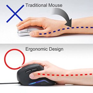 SANWA Wired Ergonomic Mouse, Optical Vertical Computer Mice, Reduce Wrist Strain, (1000/1600 Adjustable DPI, 6 Buttons) Compatible with MacBook, Laptop, Desktop, Windows, Mac OS for Office & Gaming