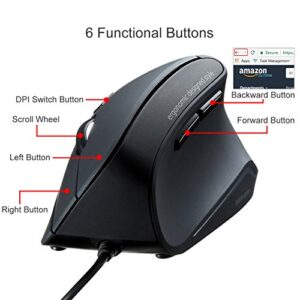 SANWA Wired Ergonomic Mouse, Optical Vertical Computer Mice, Reduce Wrist Strain, (1000/1600 Adjustable DPI, 6 Buttons) Compatible with MacBook, Laptop, Desktop, Windows, Mac OS for Office & Gaming