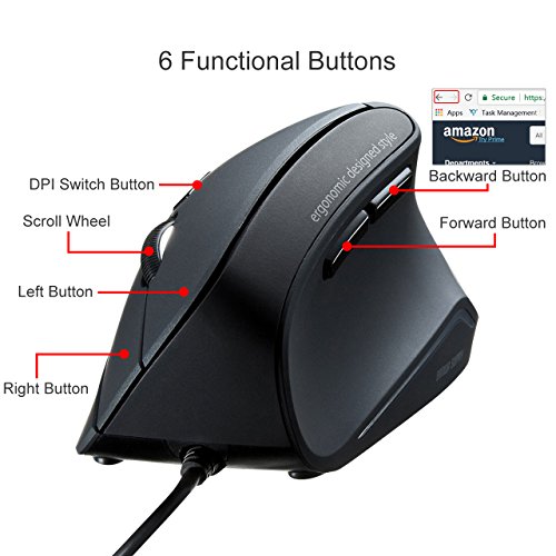 SANWA Wired Ergonomic Mouse, Optical Vertical Computer Mice, Reduce Wrist Strain, (1000/1600 Adjustable DPI, 6 Buttons) Compatible with MacBook, Laptop, Desktop, Windows, Mac OS for Office & Gaming