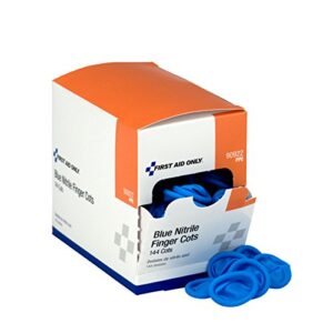 first aid only 90922 blue nitrile finger cots, disposable rubber finger protectors, 144 pack