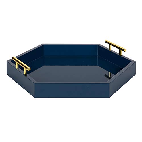 Kate and Laurel Lipton Hexagon Decorative Tray with Polished Metal Handles, Navy Blue and Gold