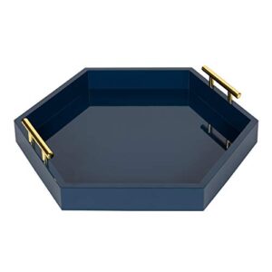 Kate and Laurel Lipton Hexagon Decorative Tray with Polished Metal Handles, Navy Blue and Gold