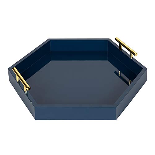 Kate and Laurel Lipton Hexagon Decorative Tray with Polished Metal Handles, Navy Blue and Gold