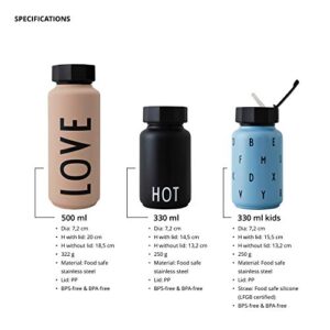 Design Letters Personal Thermo/Insulated Bottle (White) - S - BPA-free double walled vacuum, stainless Steel, Nordic design, Keeps Cold for up to 24 Hrs/Hot up to 12 Hrs, 500 ml, Leak-proof, 280 g.