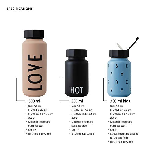 Design Letters Personal Thermo/Insulated Bottle (White) - S - BPA-free double walled vacuum, stainless Steel, Nordic design, Keeps Cold for up to 24 Hrs/Hot up to 12 Hrs, 500 ml, Leak-proof, 280 g.