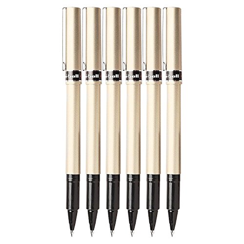 Uni-Ball Deluxe Rollerball Stick Pens, Fine Point 0.7mm, Black Ink, Champagne Gold Barrel, Pack of 6