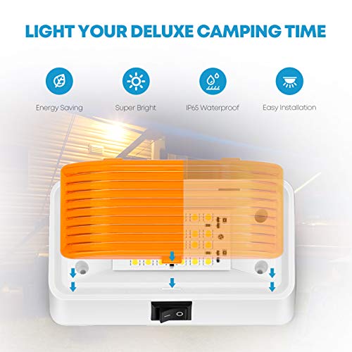 Kohree LED RV Exterior Porch Utility 320 Lumen Light with Switch 12V Replacment Light for RVs, Trailers, Campers, 5th Wheels., White Base, Included Clear and Amber Lenses Removable