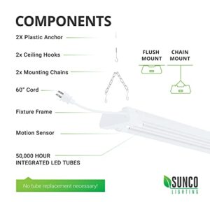 Sunco Motion Sensor 4ft LED Shop Light, Garage Lights Ceiling LED Plug in Fixtures, 40W, 5000K Daylight, Frosted, Motion Activated, Linkable Suspension Mount, ETL, Energy Star 4 Pack