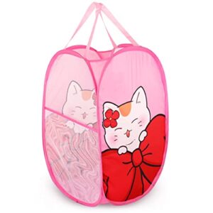 wei long mesh popup hamper-foldable lightweight basket for washing-durable clothing storage for kids room,students college dorm,home,travel & camping-pop-up clothes hamper (pink kitty cat)