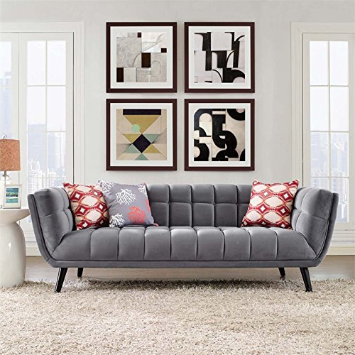 Modway Bestow Mid-Century Performance Velvet Upholstered Tufted Sofa In Gray