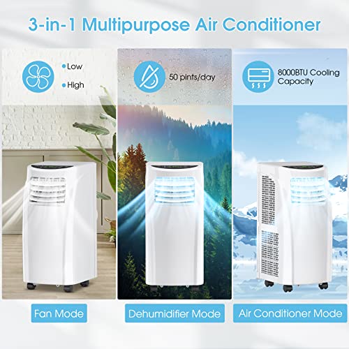 COSTWAY Portable Air Conditioners, 8000 BTU Air Conditioner Unit spaces up to 230 Sq.Ft with Remote Control Dehumidifier Function Window Wall Mount, 4 Caster Wheel, Sleep Mode and 2 Fan Speed