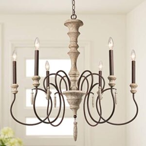 laluz farmhouse chandelier, french country chandelier for dining room, 6-light, handmade distressed wood, 31”dia