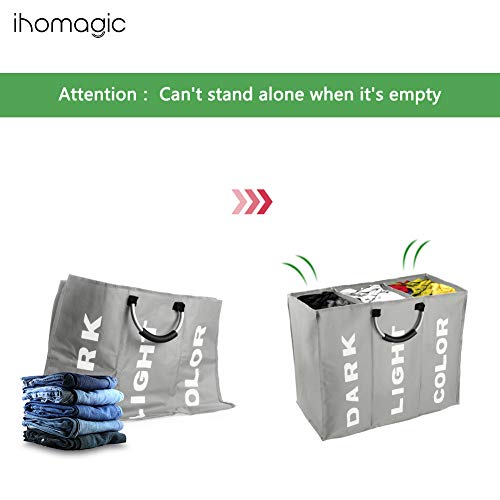 IHOMAGIC 3 Sections Large Laundry Hamper, Laundry Bag Collapsible, Foldable Fabric Clothes Sorter Storage Bag with Carry Handles for Dirty Clothes for Home Bathroom Dormitory 85L 23.6x12.6in Grey