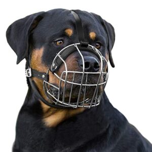 bronzedog rottweiler dog muzzle adjustable durable metal wire basket for large dogs american bulldog no barking muzzles (l)