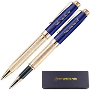dayspring pens personalized braxton ballpoint and rollerball pen set - blue. real 18krt gold plated gift set for a man or women, custom engraving is included. comes in pen case