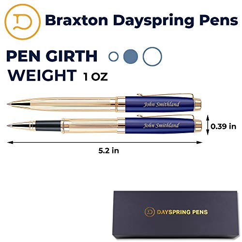 Dayspring Pens Personalized Braxton Ballpoint and Rollerball Pen Set - Blue. Real 18krt Gold Plated Gift Set for a Man or Women, Custom Engraving is Included. Comes in Pen Case