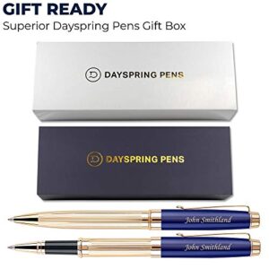 Dayspring Pens Personalized Braxton Ballpoint and Rollerball Pen Set - Blue. Real 18krt Gold Plated Gift Set for a Man or Women, Custom Engraving is Included. Comes in Pen Case