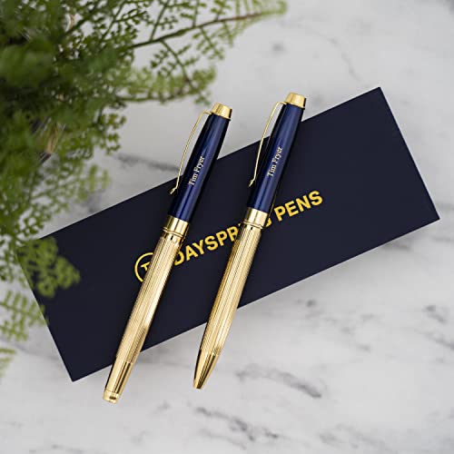 Dayspring Pens Personalized Braxton Ballpoint and Rollerball Pen Set - Blue. Real 18krt Gold Plated Gift Set for a Man or Women, Custom Engraving is Included. Comes in Pen Case