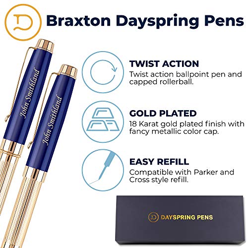 Dayspring Pens Personalized Braxton Ballpoint and Rollerball Pen Set - Blue. Real 18krt Gold Plated Gift Set for a Man or Women, Custom Engraving is Included. Comes in Pen Case